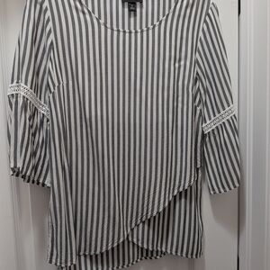 I.N. Studio Gray and White Vertical Stripe Blouse with Lace Trim